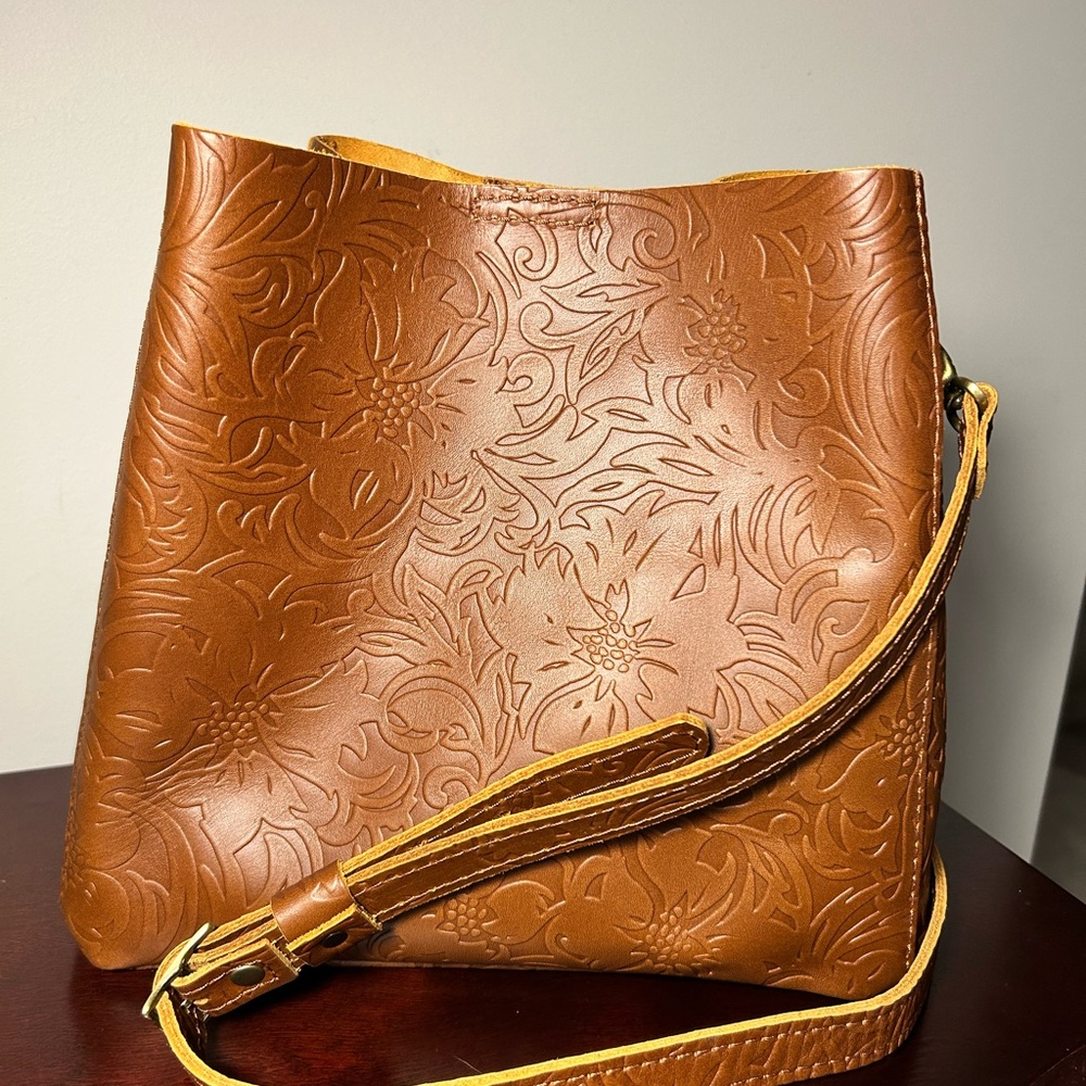 Portland Leather Floral Embossed Tan Crossbody Bag
